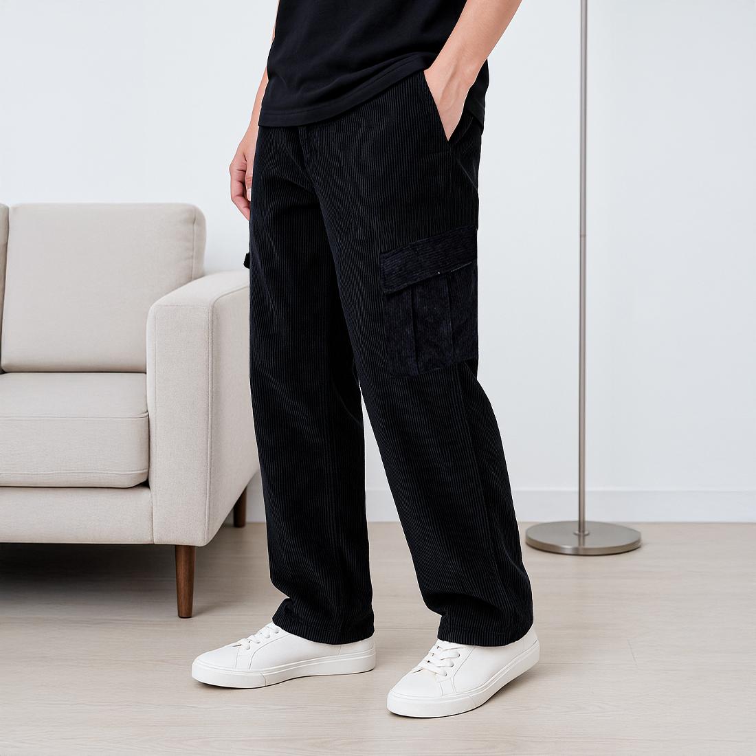 Ryusei Celana Cargo Corduroy Panjang Hitam Wide Fit Premium Casual Look
