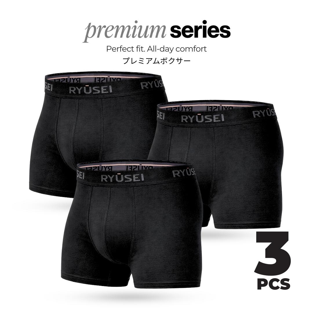 Ryusei Boxer Katun Spandex 3 Pcs - Black Collection | Jahitan Seamless