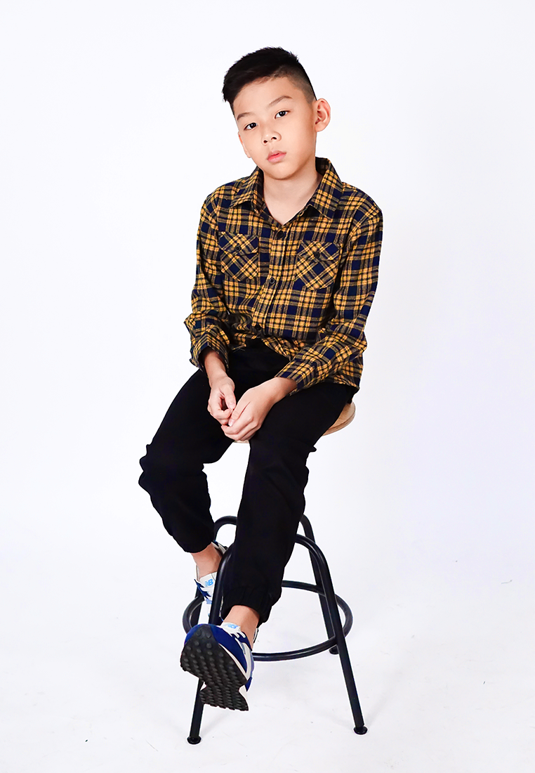 Ryusei Shirt Kids Flanel Yoshiro Long Sleeve Black Mustard - Ryusei