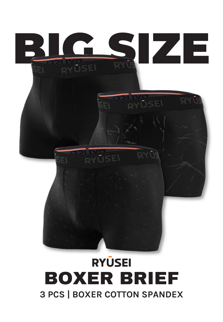 Ryusei Boxer Big Size Katun Spandex 3 Pcs - Black Collection | Jahitan Seamless |