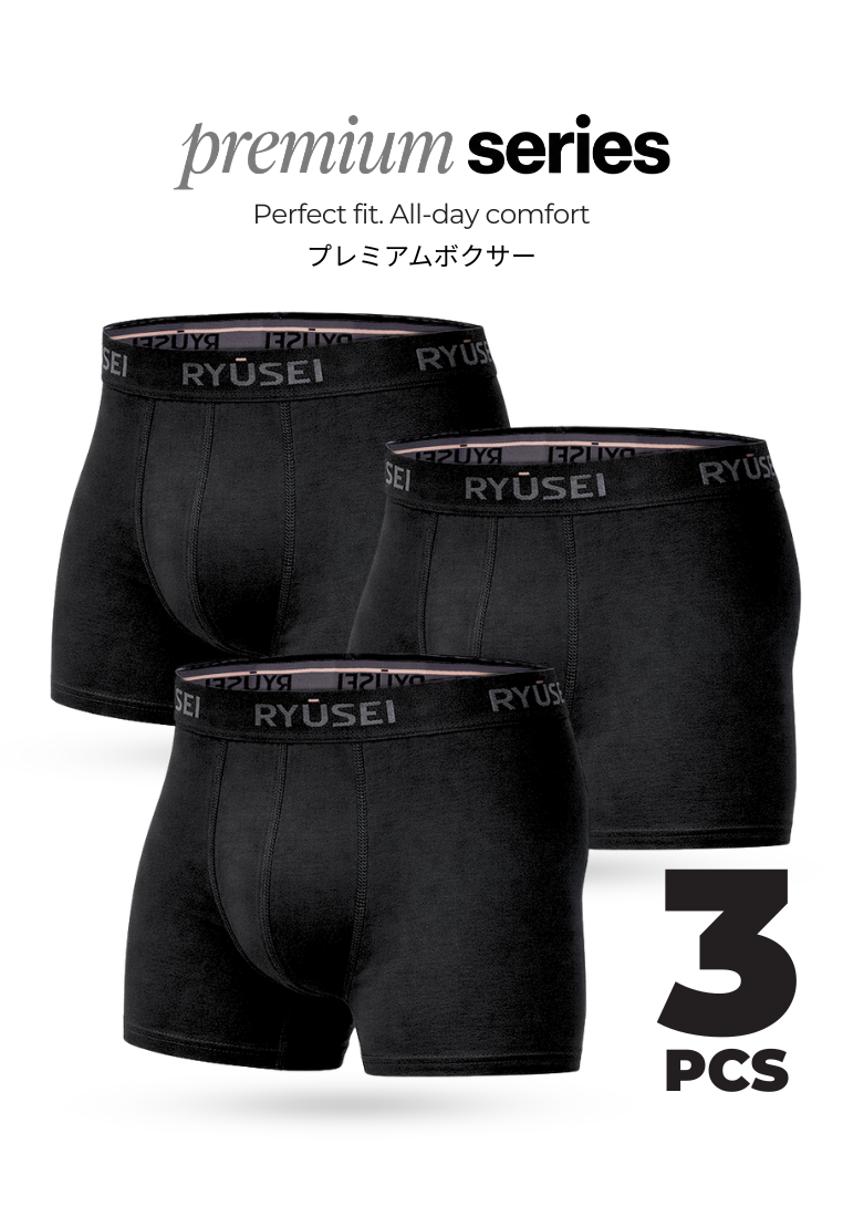 Ryusei Boxer Katun Spandex 3 Pcs - Black Collection | Jahitan Seamless