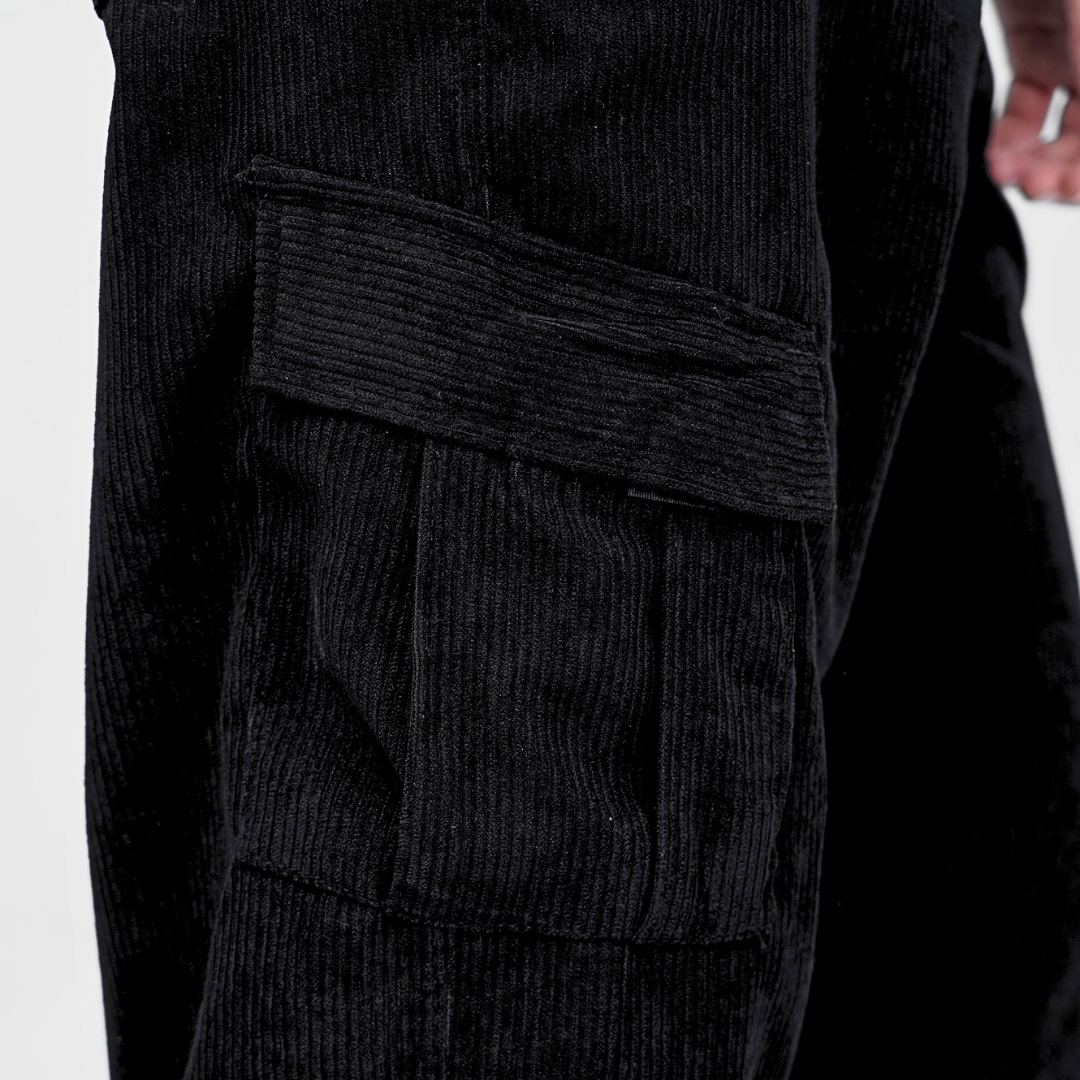 Ryusei Celana Cargo Corduroy Panjang Hitam Wide Fit Premium Casual Look