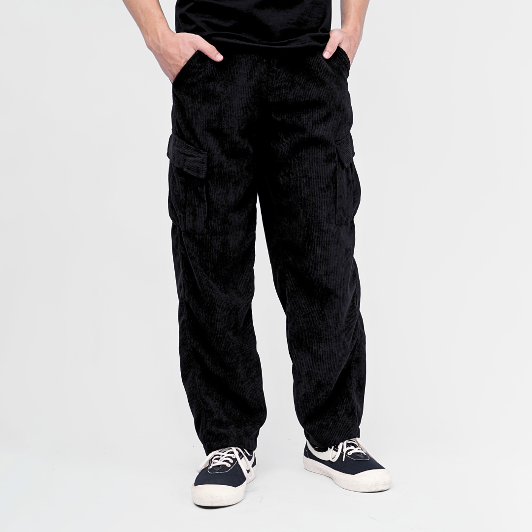 Ryusei Celana Cargo Corduroy Panjang Hitam Wide Fit Premium Casual Look