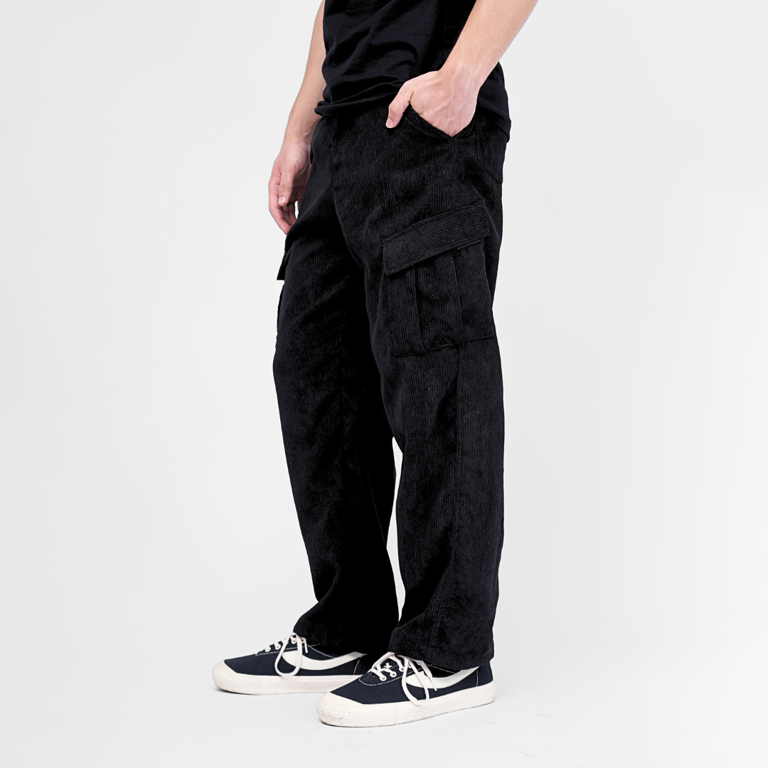 Ryusei Celana Cargo Corduroy Panjang Hitam Wide Fit Premium Casual Look