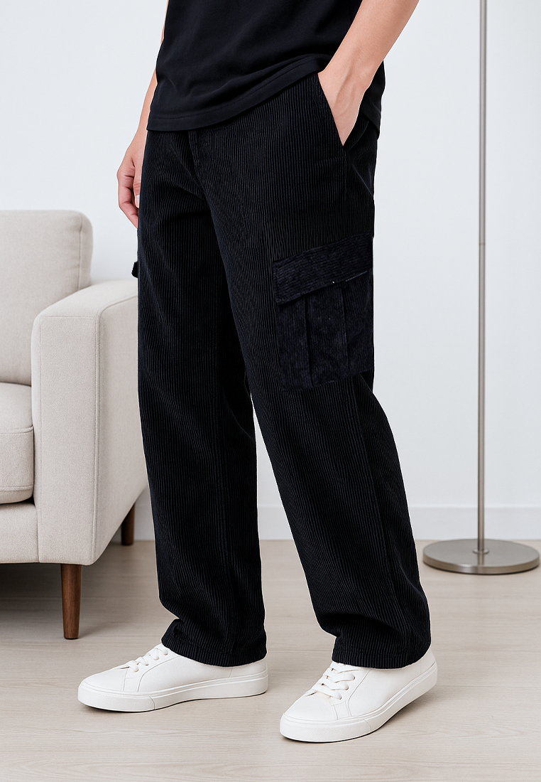 Ryusei Celana Cargo Corduroy Panjang Hitam Wide Fit Premium Casual Look