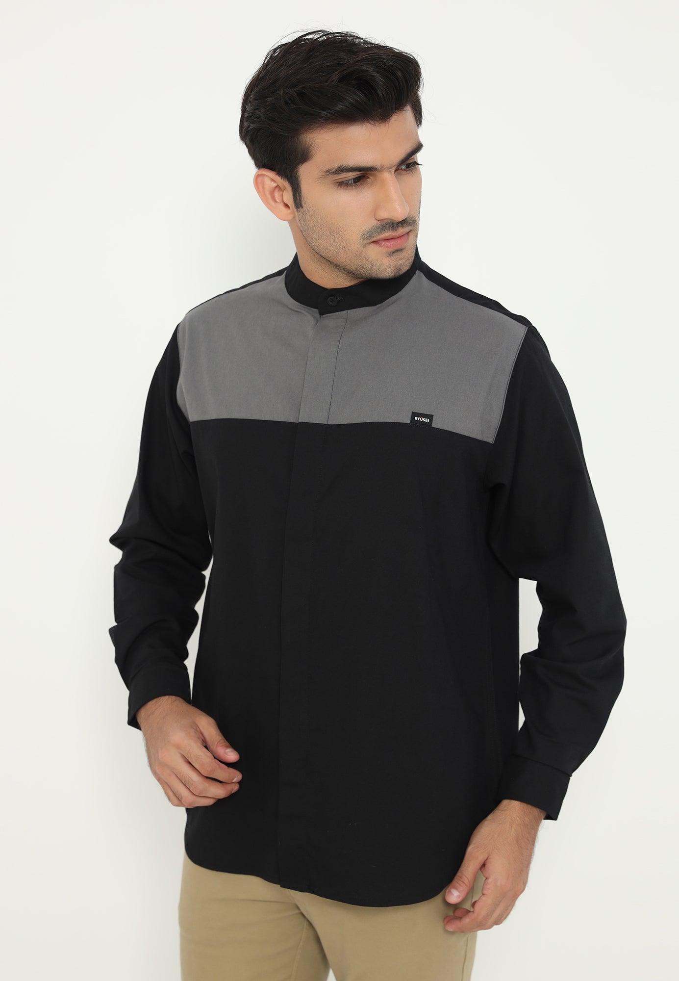 Ryusei Kemeja Kerah Koko Lengan Panjang Kamiyama