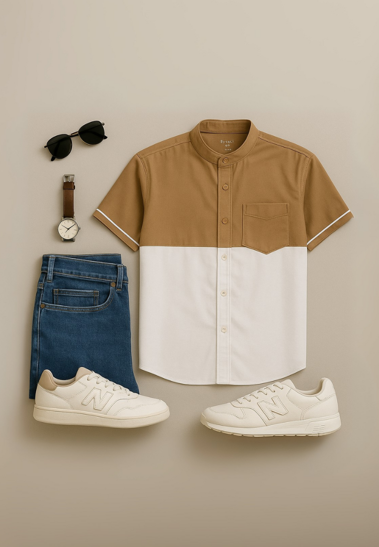 Ryusei Kemeja Kerah Koko Lengan Pendek Nirasaki CMB Brown