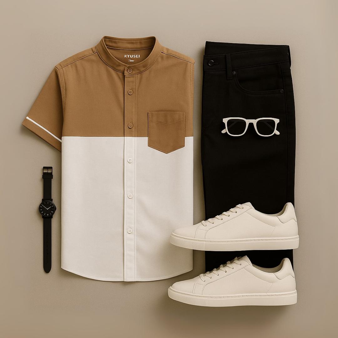 Ryusei Kemeja Kerah Koko Lengan Pendek Nirasaki CMB Brown