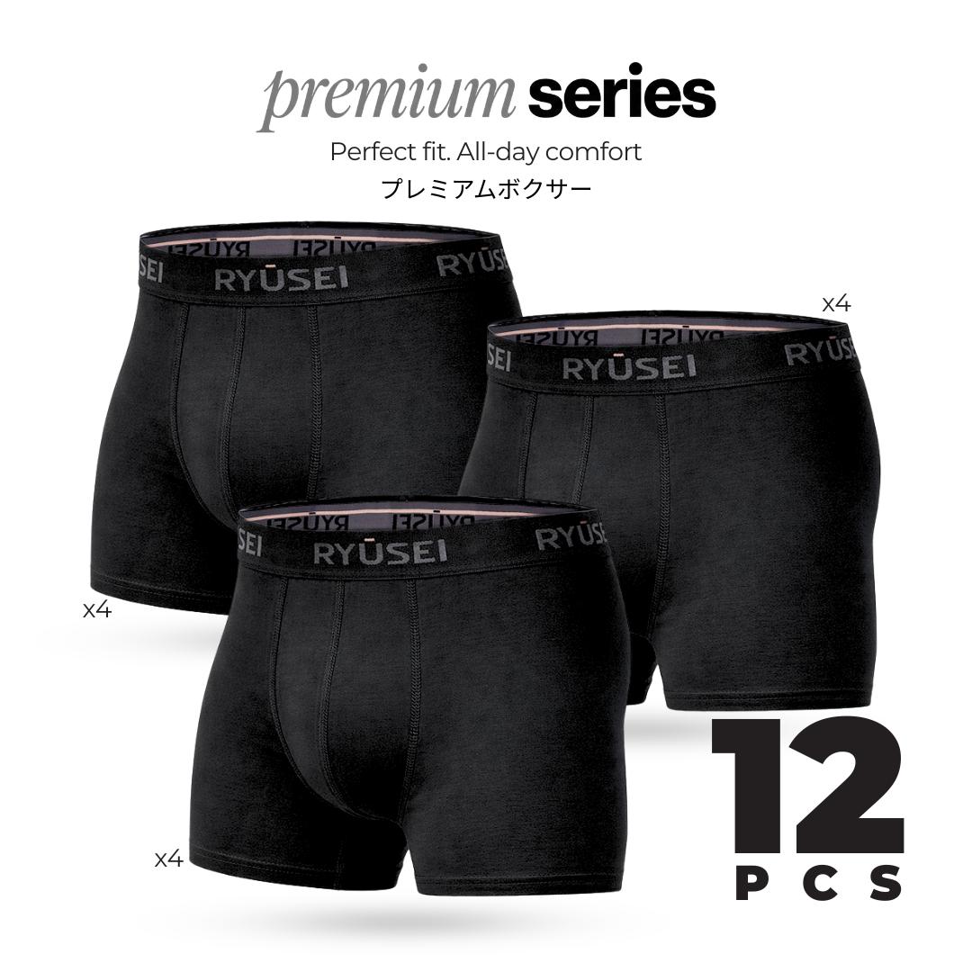 Ryusei Boxer Katun Spandex 12 Pcs - Black Collection | Jahitan Seamless