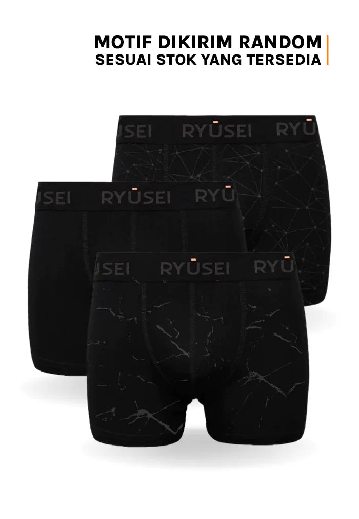 Ryusei Boxer Big Size Katun Spandex 3 Pcs - Black Collection | Jahitan Seamless |