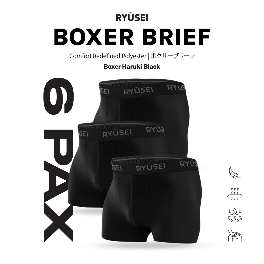 Ryusei Boxer Haruki Polyester Spandex 6 Pcs - Black | Nyaman & Elastis