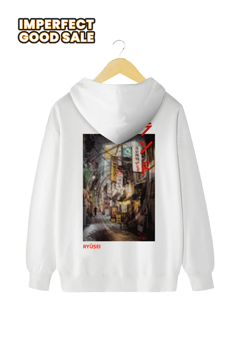 Ryusei Sweater Hoodie Mitaka White DF - Ryusei Pakaian Pria > Outerwear > Sweater & Kardigan