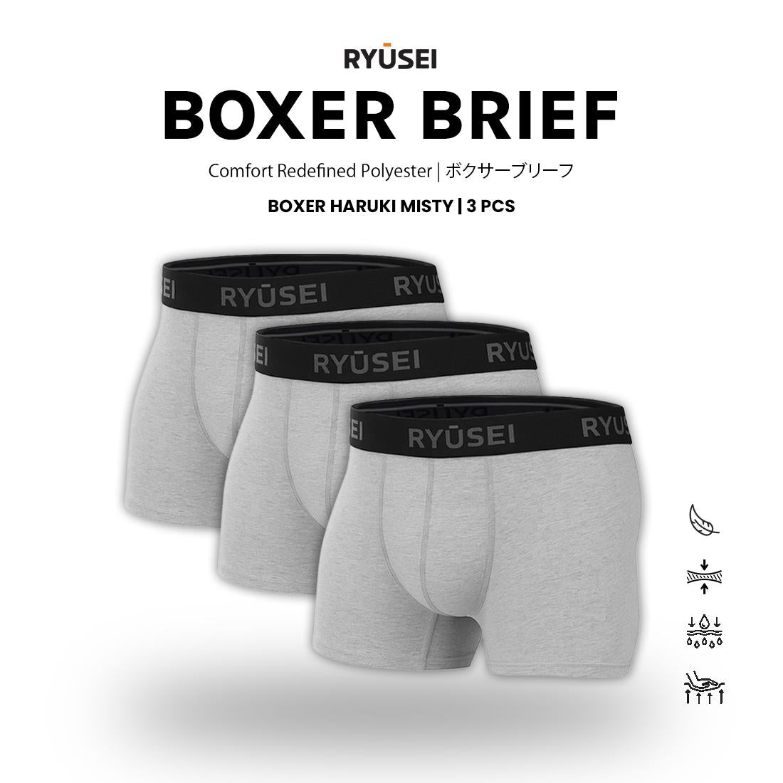 Ryusei Boxer Haruki Misty Grey Polyester Spandex 3 Pcs | Nyaman & Elastis