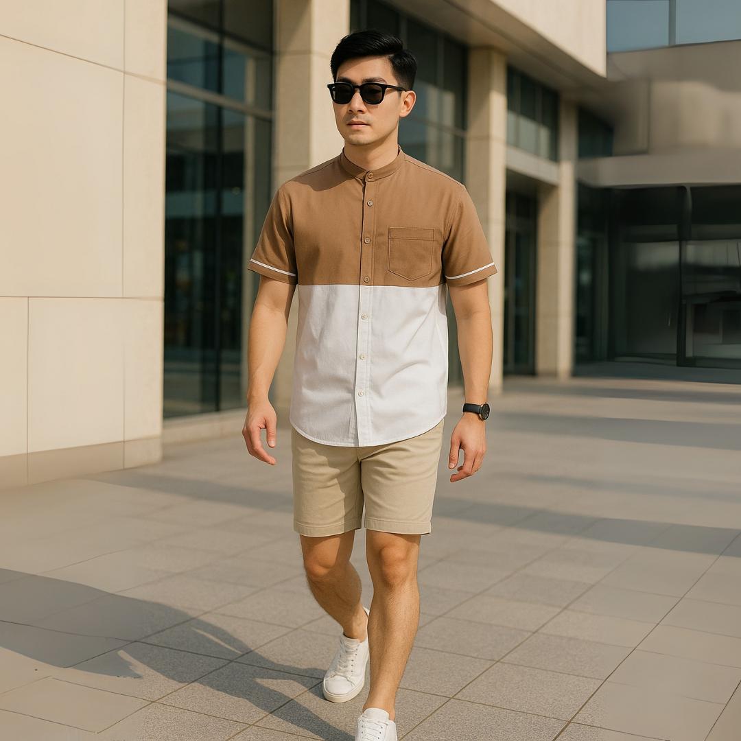 Ryusei Kemeja Kerah Koko Lengan Pendek Nirasaki CMB Brown