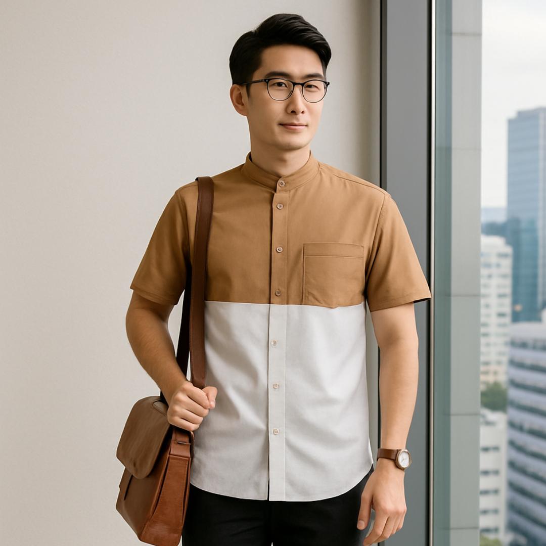 Ryusei Kemeja Kerah Koko Lengan Pendek Nirasaki CMB Brown