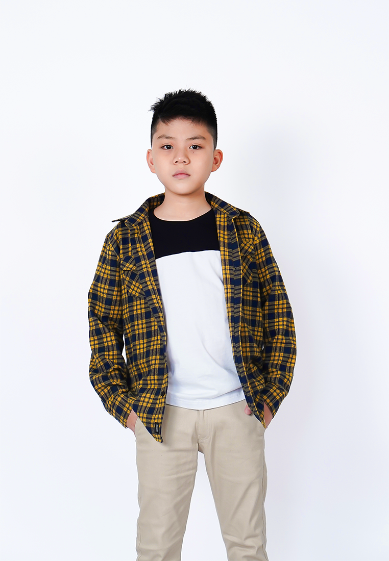 Ryusei Shirt Kids Flanel Yoshiro Long Sleeve Black Mustard - Ryusei