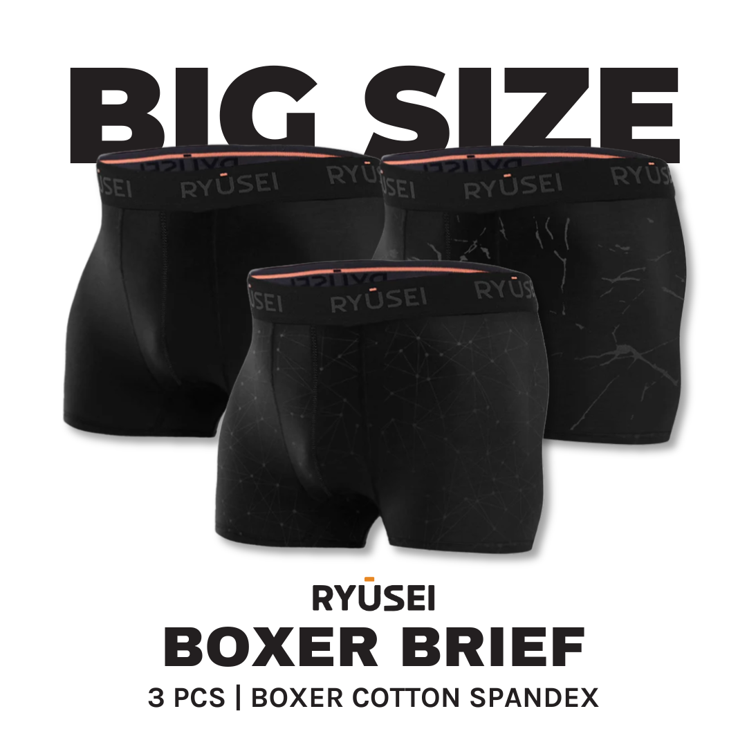 Ryusei Boxer Big Size Katun Spandex 3 Pcs - Black Collection | Jahitan Seamless |