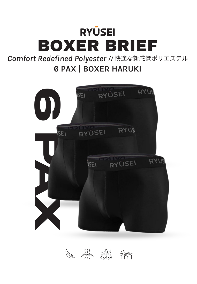 Ryusei Boxer Haruki Polyester Spandex 6 Pcs - Black | Nyaman & Elastis