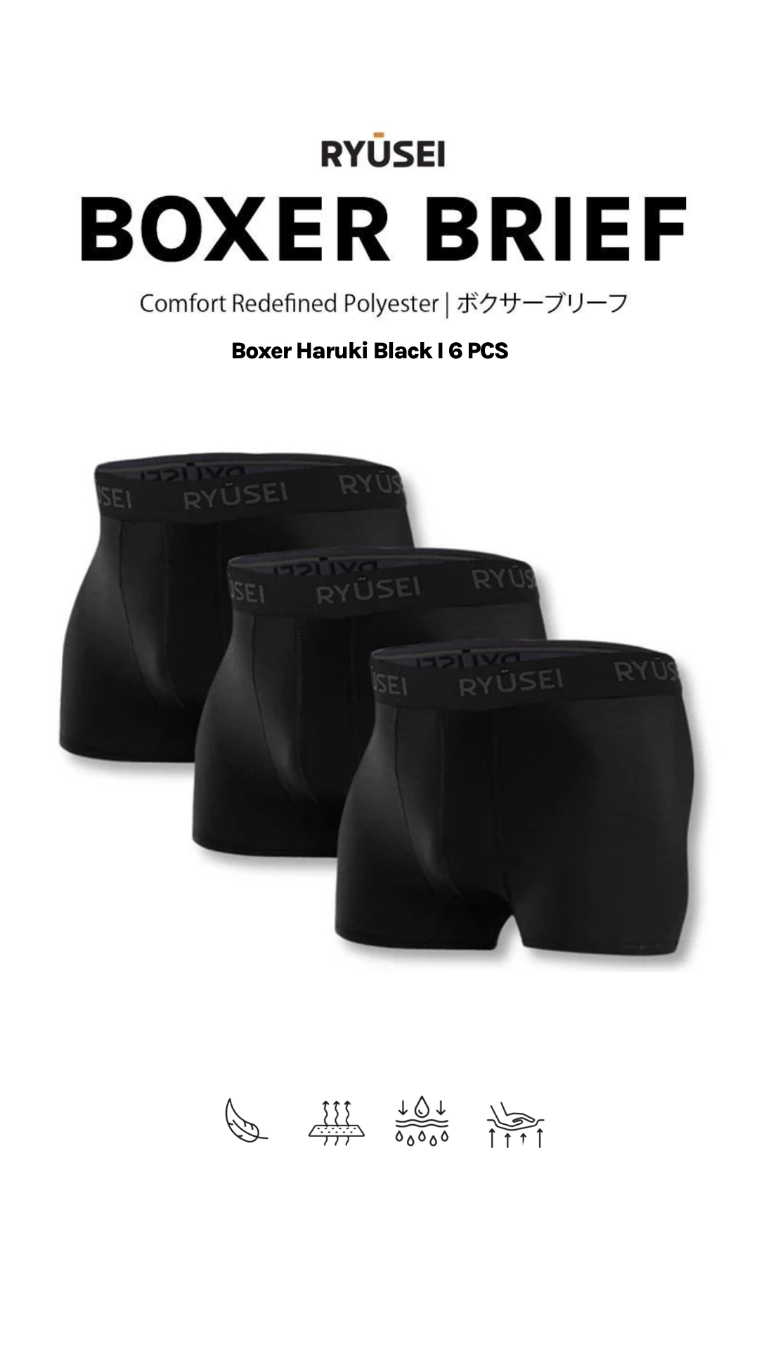 Ryusei Boxer Haruki Polyester Spandex 6 Pcs - Black | Nyaman & Elastis