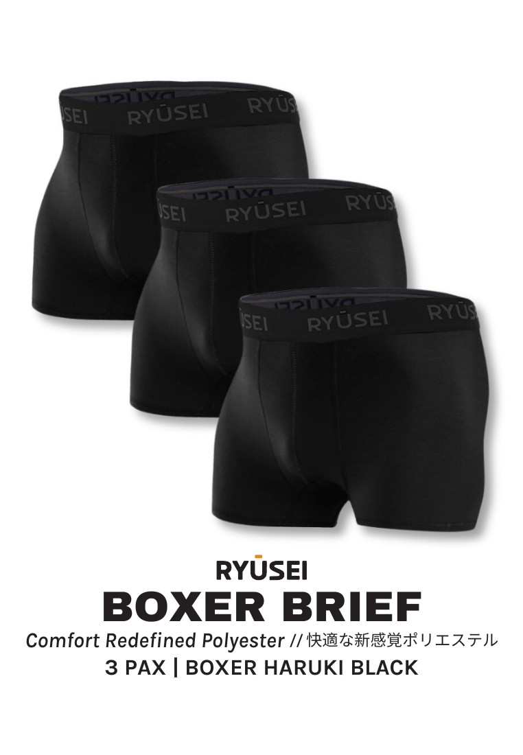 Ryusei Boxer Haruki Polyester Spandex 3 Pcs - Black | Nyaman & Elastis