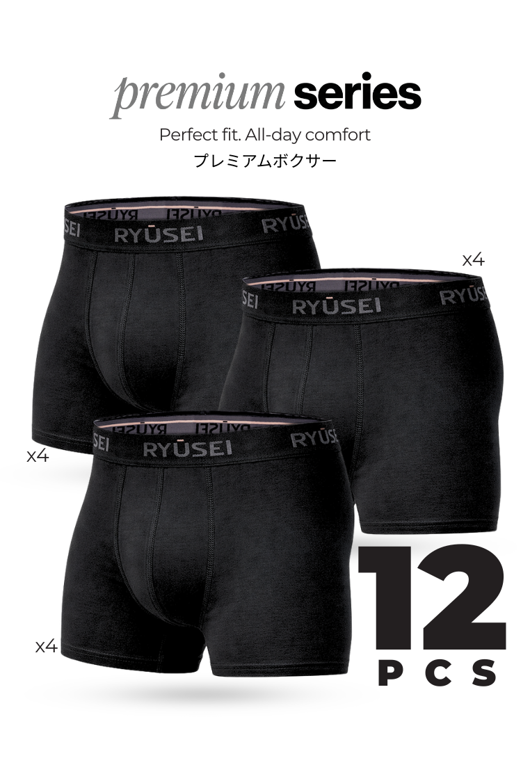 Ryusei Boxer Katun Spandex 12 Pcs - Black Collection | Jahitan Seamless
