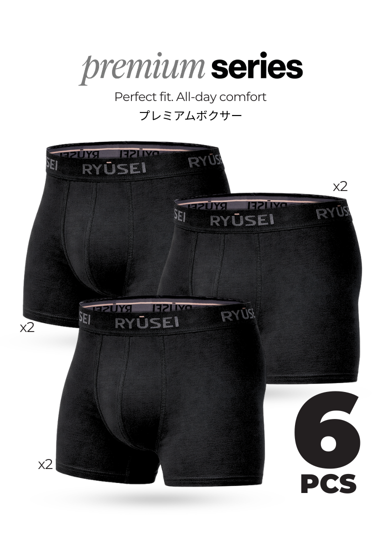 Ryusei Boxer Katun Spandex 6 Pcs - Black Collection | Jahitan Seamless