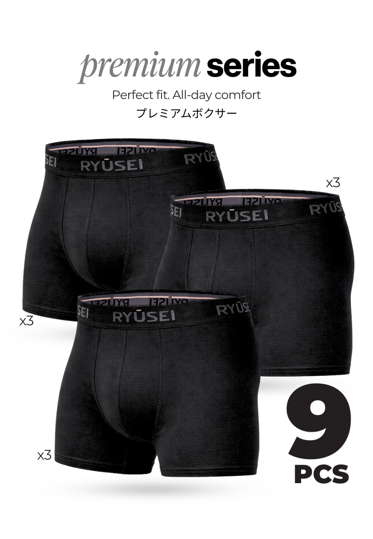 Ryusei Boxer Katun Spandex 9 Pcs - Black Collection | Jahitan Seamless