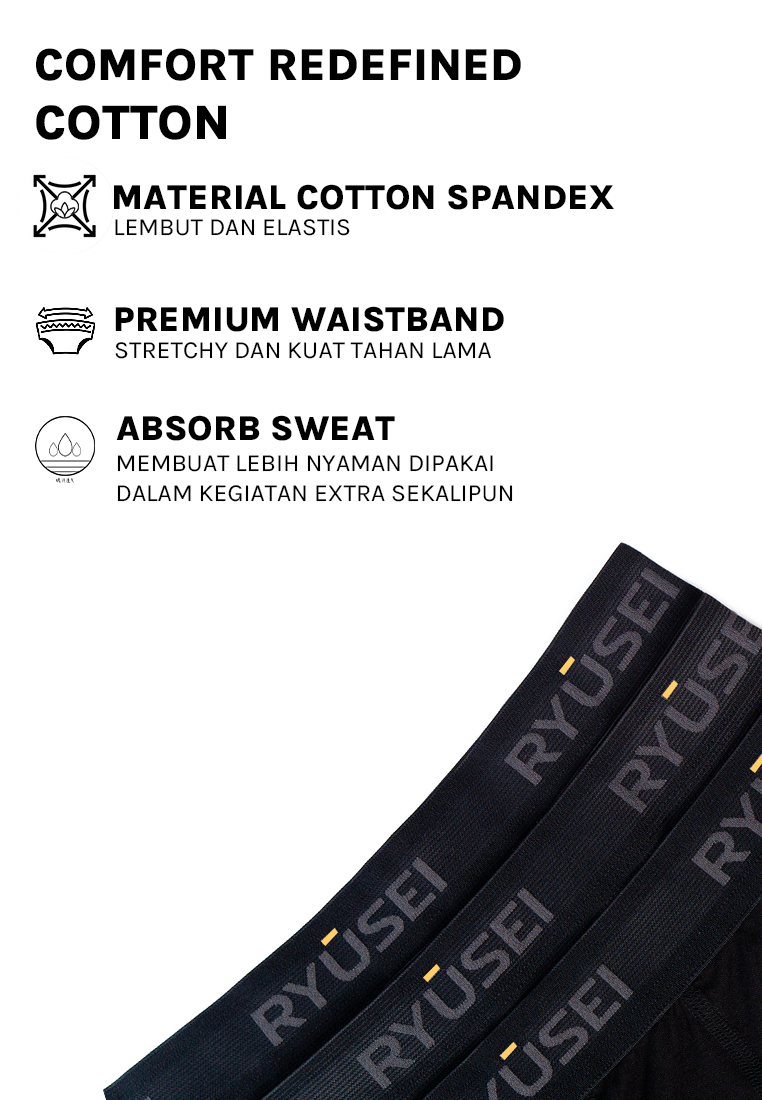 Ryusei Boxer Big Size Katun Spandex 3 Pcs - Black Collection | Jahitan Seamless |