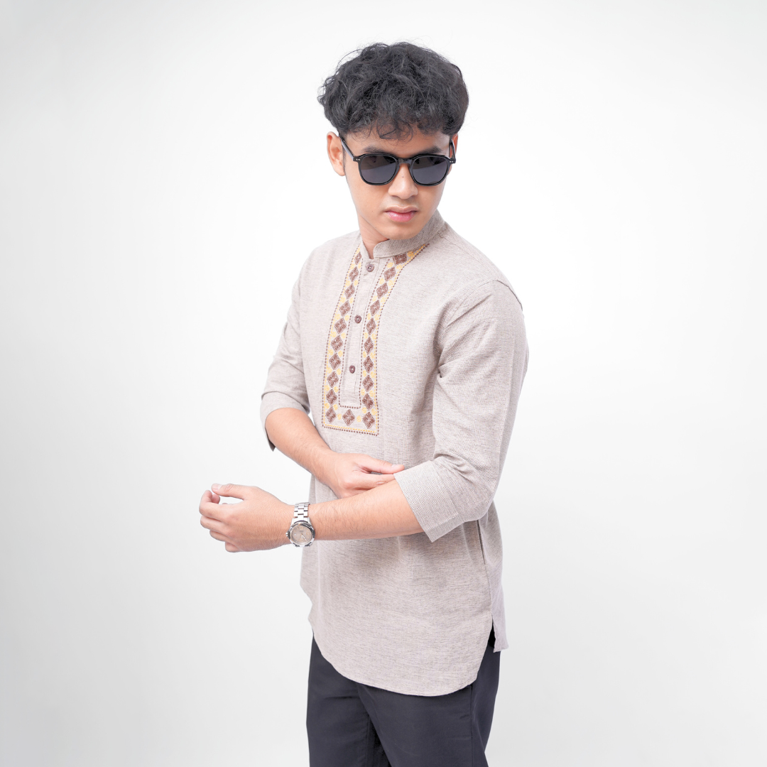Ryusei Kemeja Kurta Kerah Koko Tanakawa 2 Tone Light Brown