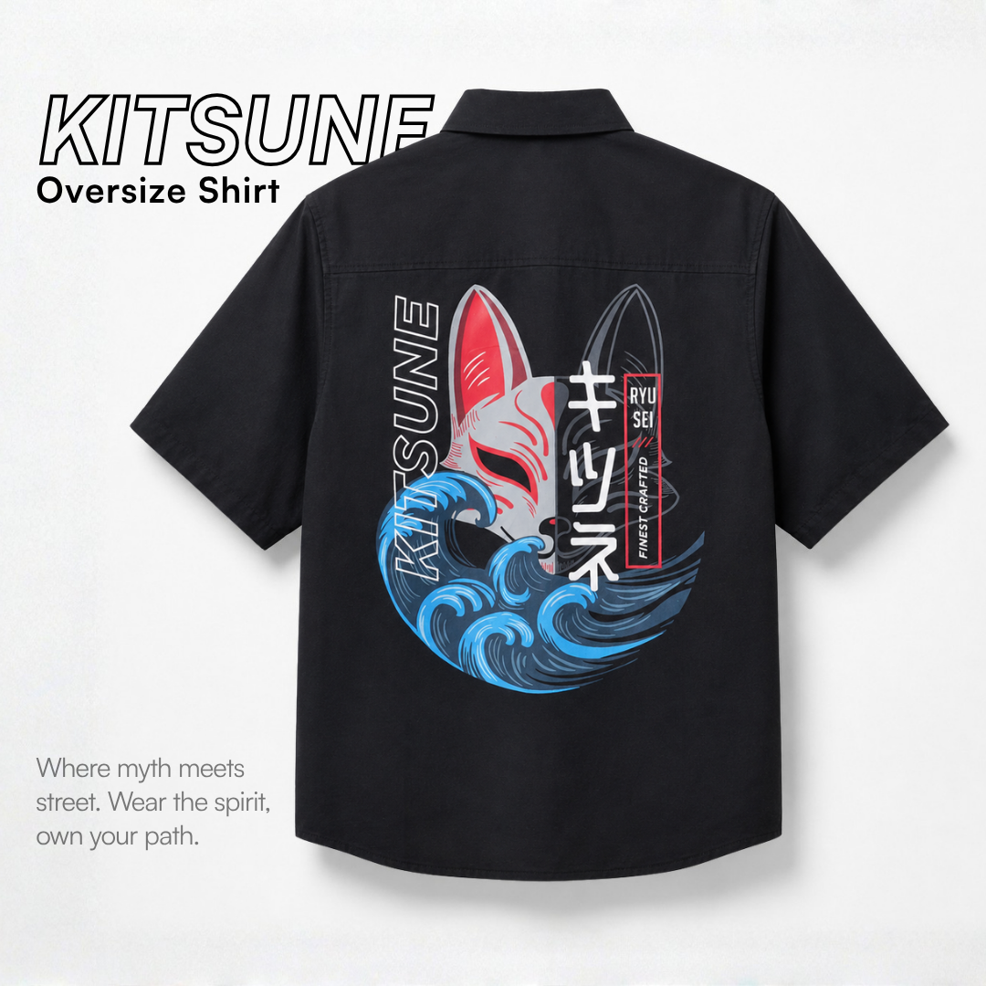 Ryusei Kemeja Pria Oversize Kitsune Black