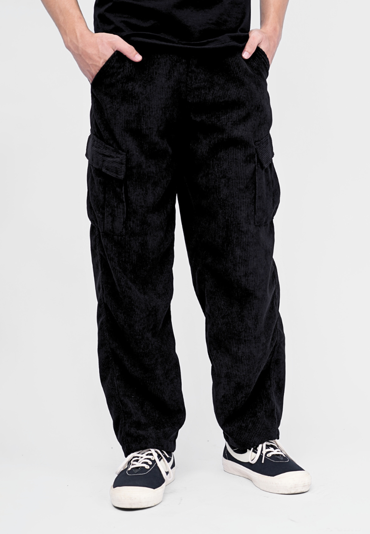 Ryusei Celana Cargo Corduroy Panjang Hitam Wide Fit Premium Casual Look