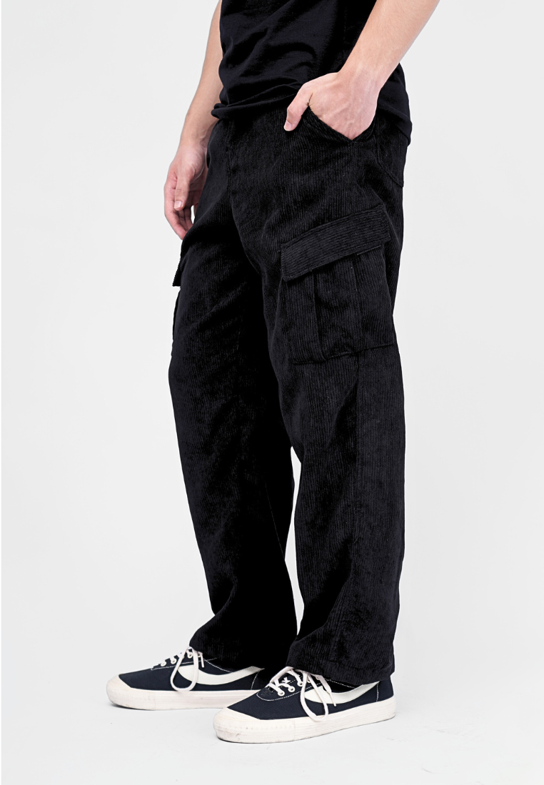 Ryusei Celana Cargo Corduroy Panjang Hitam Wide Fit Premium Casual Look