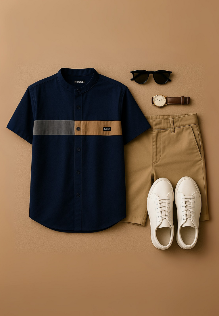 Ryusei Kemeja Kerah Koko Lengan Pendek Kasaoka CMB Navy