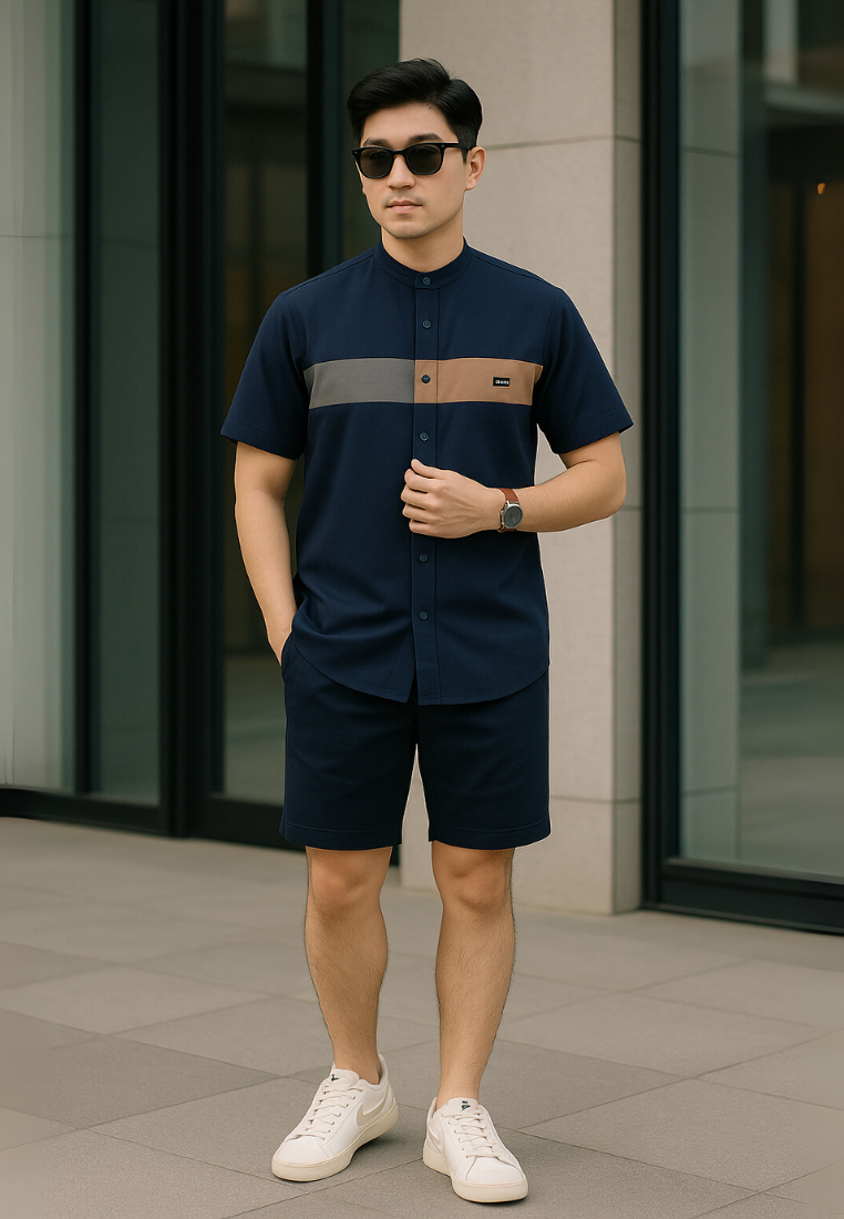 Ryusei Kemeja Kerah Koko Lengan Pendek Kasaoka CMB Navy