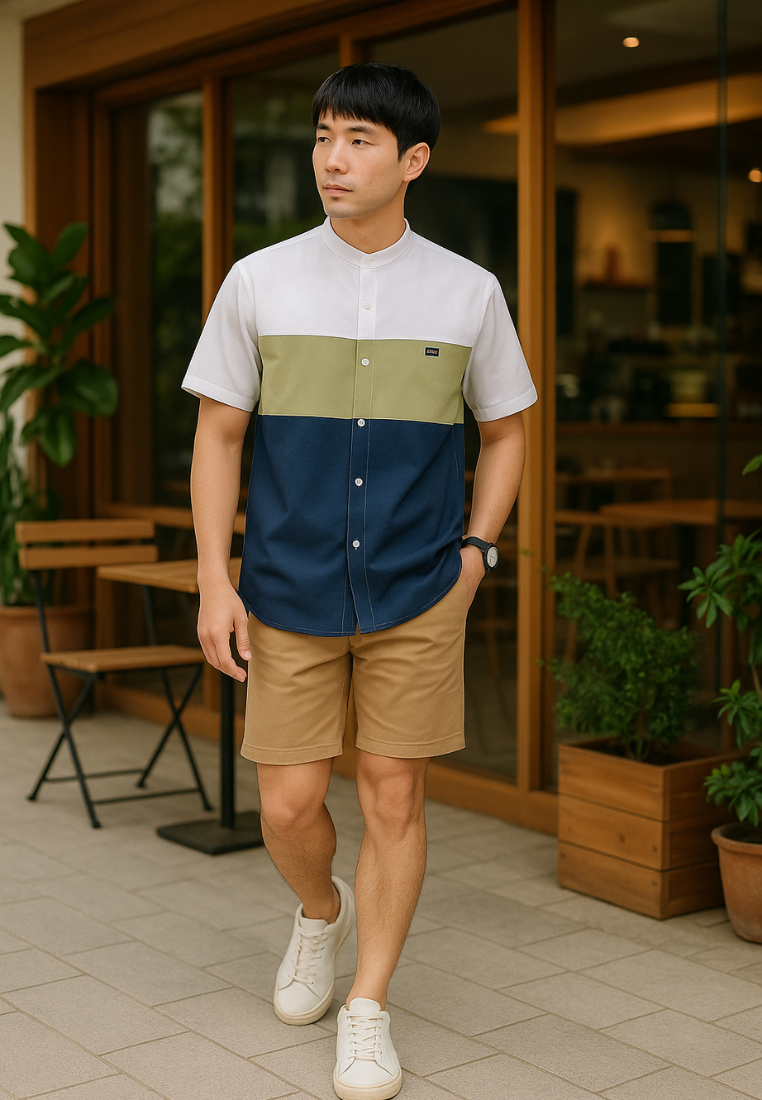 Ryusei Kemeja Kerah Koko Lengan Pendek Mikata CMB Blue Denim