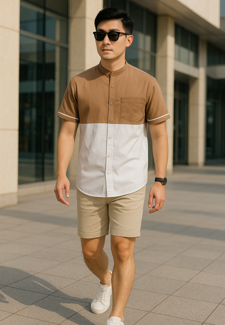 Ryusei Kemeja Kerah Koko Lengan Pendek Nirasaki CMB Brown