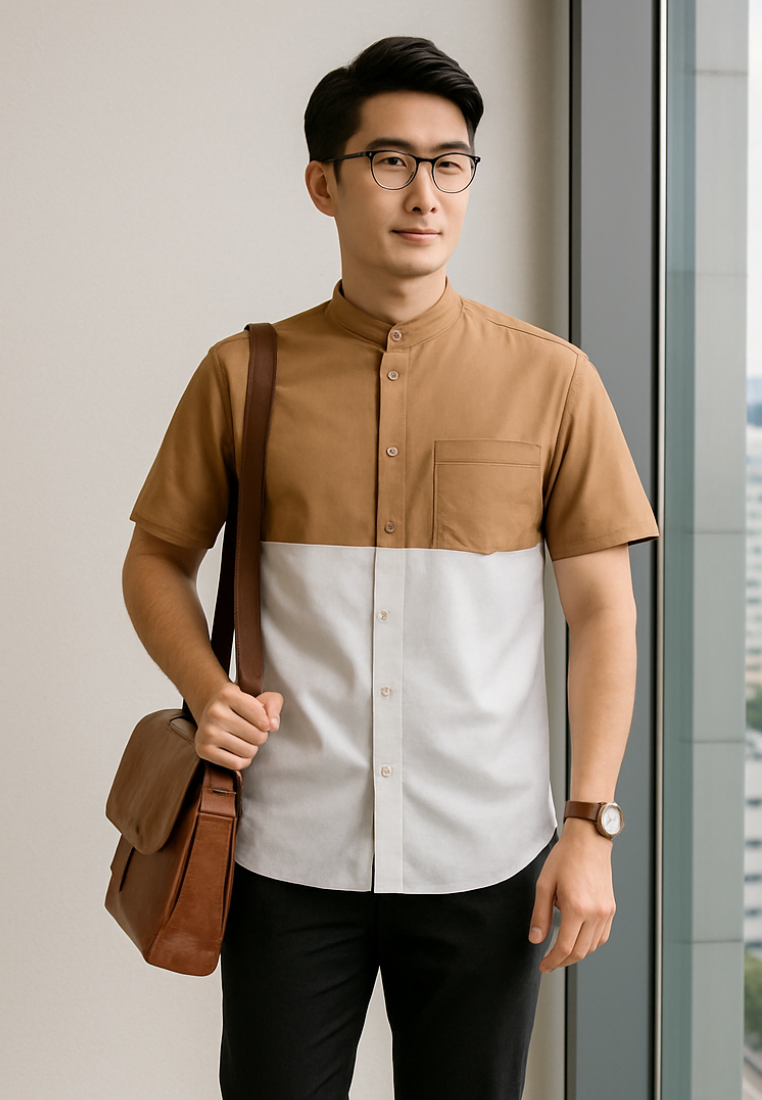 Ryusei Kemeja Kerah Koko Lengan Pendek Nirasaki CMB Brown