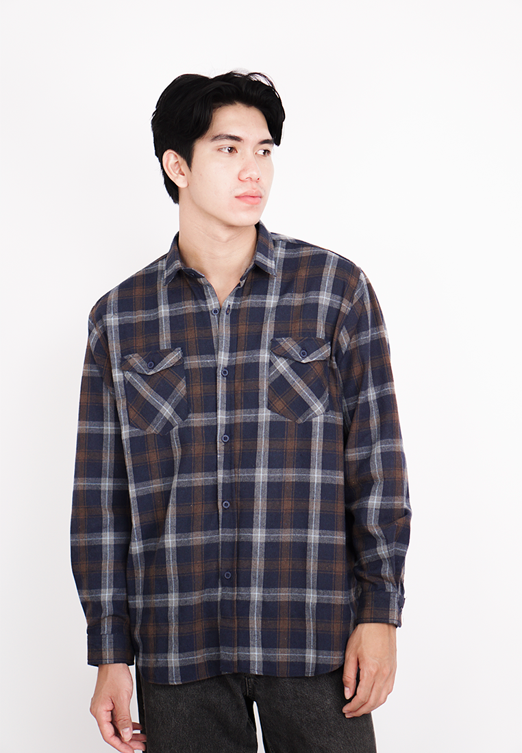 Ryusei Sht Flanel Yamakasa Navy Brown - Ryusei