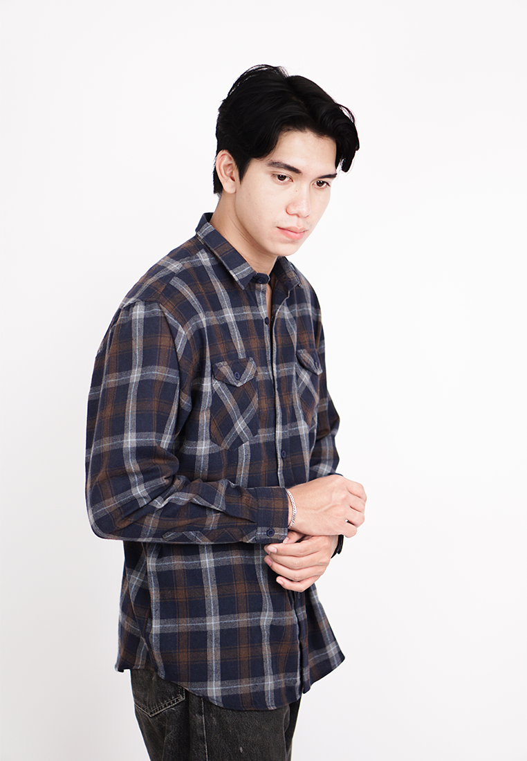 Ryusei Sht Flanel Yamakasa Navy Brown - Ryusei