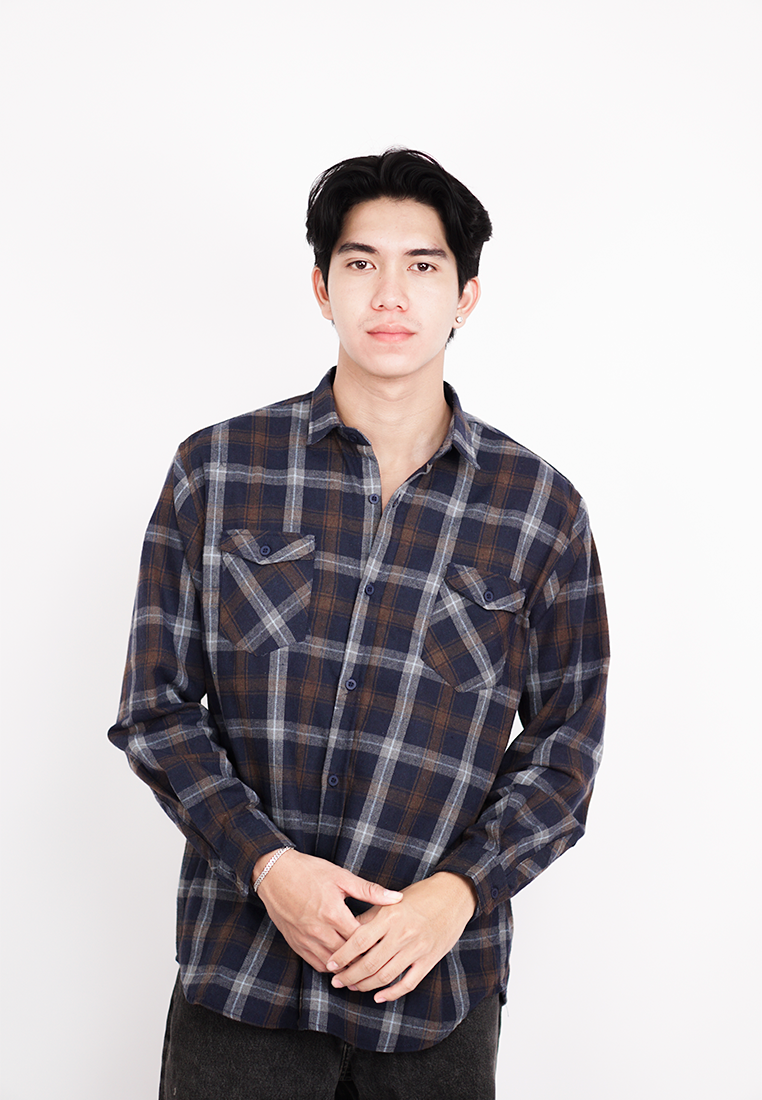 Ryusei Sht Flanel Yamakasa Navy Brown - Ryusei