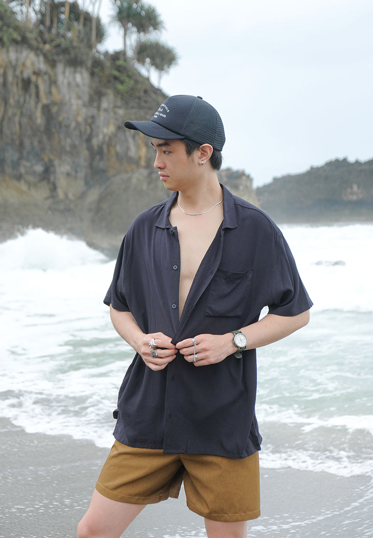 Ryusei Kemeja Pantai Rei Pocket Black - Ryusei